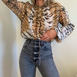 Roberto Cavalli Tiger Print Button Down Shirt - Tan and Black